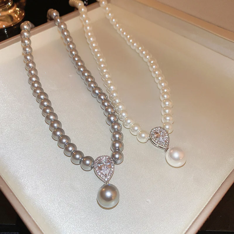 Grey White Pearl Zircon Pendant Water Drop Rhinestone Necklace Vintage Natural Large Pearl Sweater Chain High-end Simple Jewelry