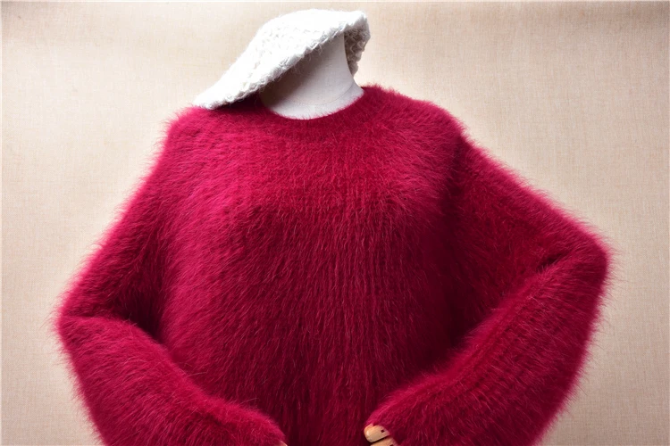 Women Mujer Autumn Winter Clothing Hairy Plush Mink Cashmere Knitted O-Neck Split Loose Pullover Angora Fur Sweater Jumper Pull