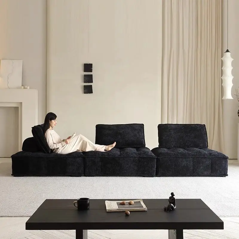 Sofá modular minimalista italiano de tela, individual, combinable, cuadrado, minimalista, de chenilla negra, tipo tofu.