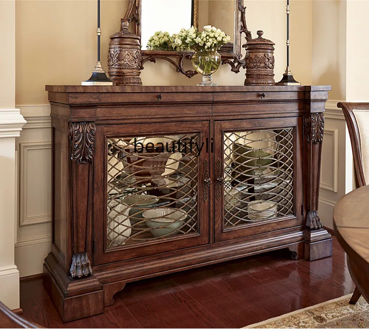 

European and American classical solid wood two-door side cabinet, glass cupboard against the wall