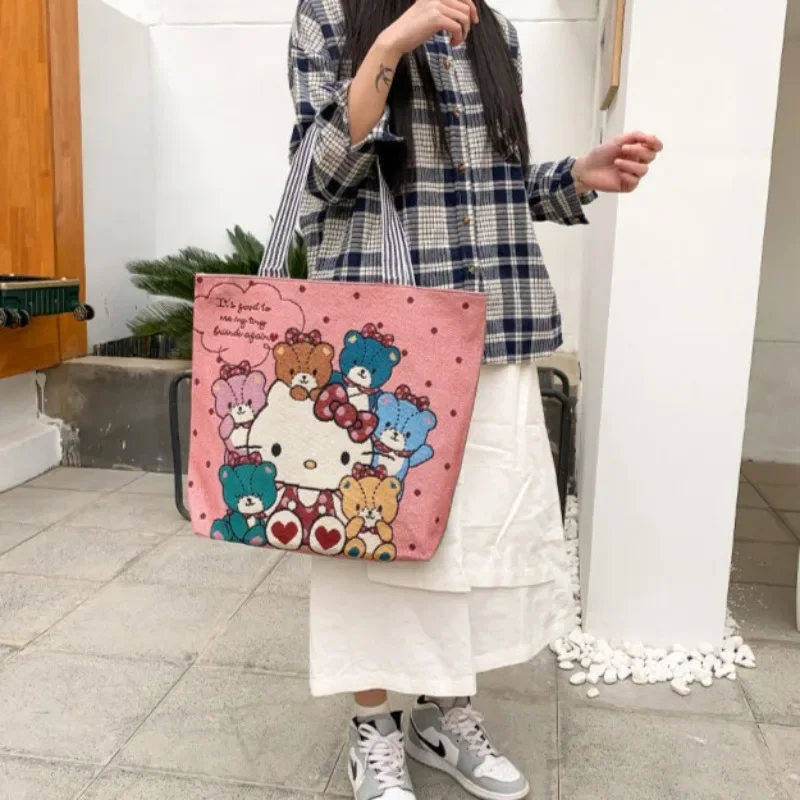 

Sanrio Canvas Shoulder Bag Cute Cartoon Anime Character Hello Kitty Printed Accessories Girls Travel Large Capacity Storage Bag