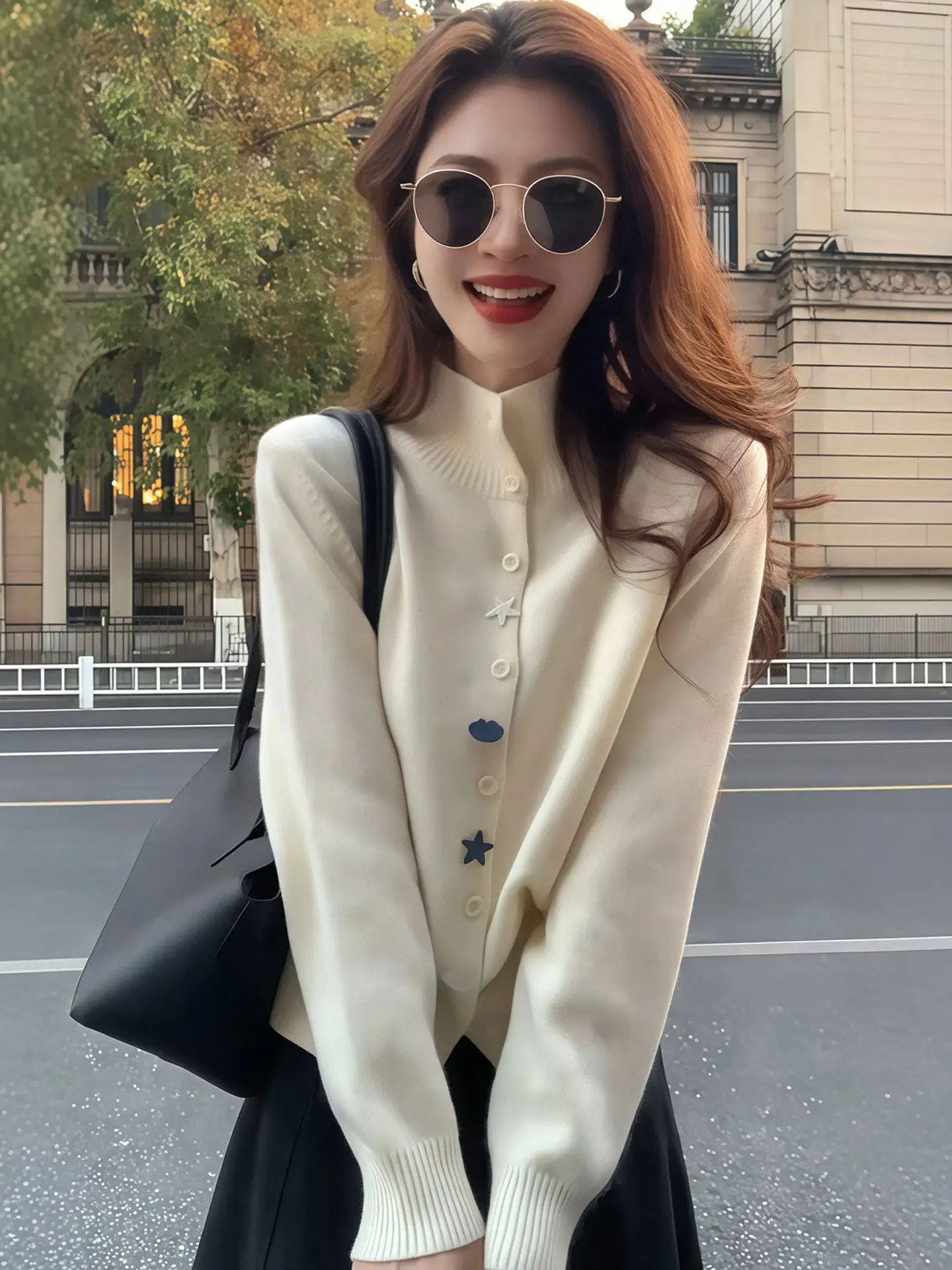 

White Half-High Collar Sweater Cardigan Women's Autumn Winter New Outerwear Innerwear Base Shirt Knitted Top Korean Style