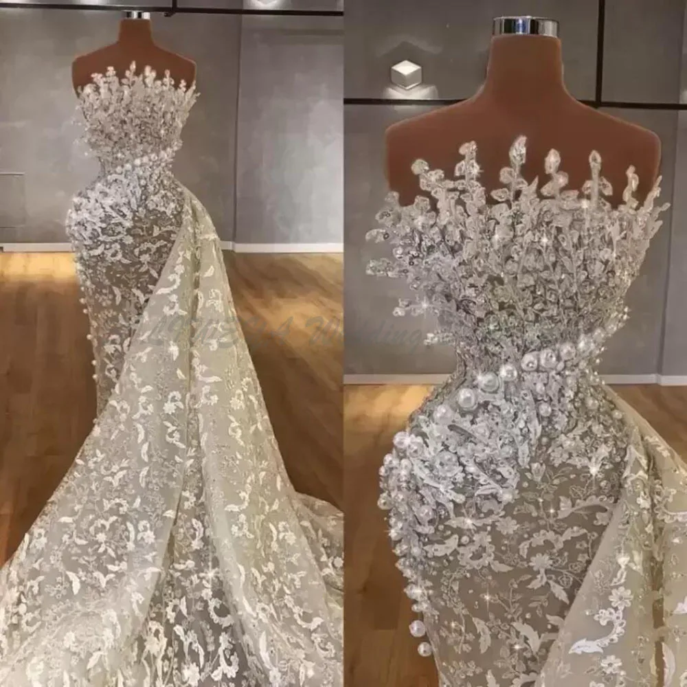 مصمم حورية البحر فساتين الزفاف ثوب الزفاف الفاخرة الدانتيل زين مطرز اللؤلؤ قطار الاجتياح الأورجانزا مصمم الوهم مخصص جنون
