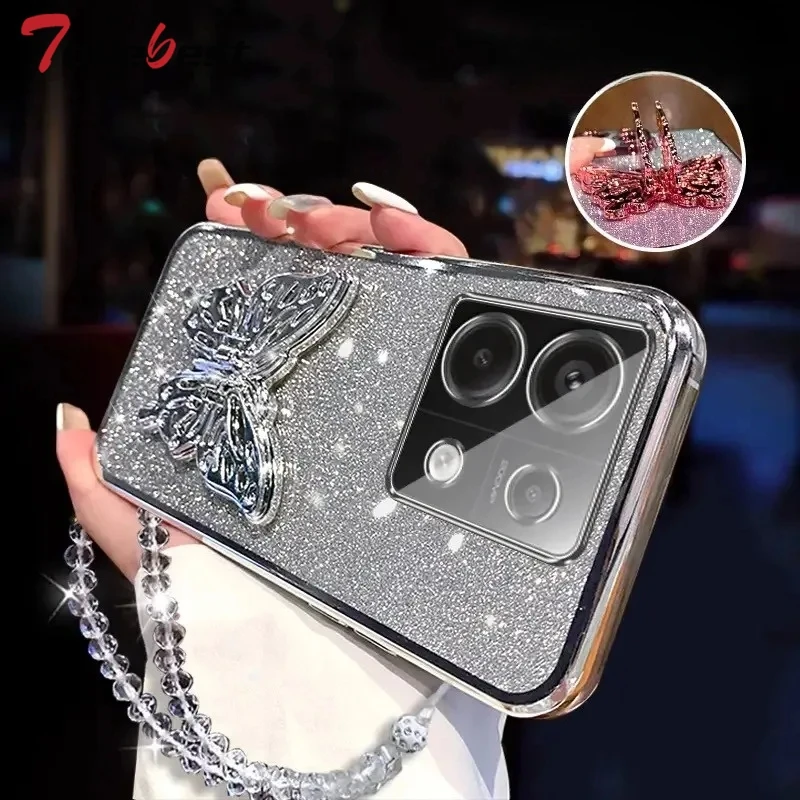 3D Butterfly Phone Holder Crystal Bracelet Glitter Plating Case for Xiaomi POCO X6 X5 X4 X3 NFC M4 M3 Pro 5G Back Cover