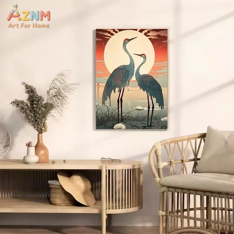 AZNM Ukiyo-e Red-crowned Crane Wave Plum Blossom Frog Frameless Canvas Poster Oriental Traditional Wall Art Decor