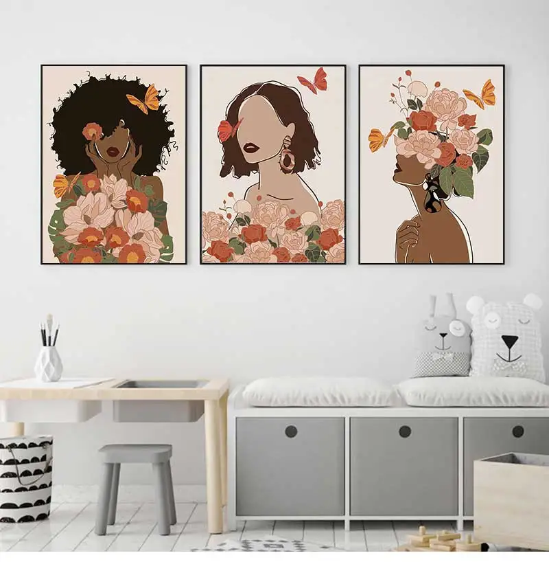 Flower woman head canvas poster nordic black skin boho wall art prints modern decorative painting picture living room decoration