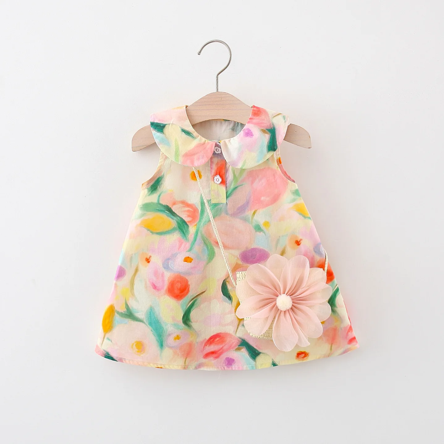 

Summer Girl Outing Clothing Oil Painting Flower Print Doll Collar Sleeveless Pink Cotton Dress Infant Girl Dress with Bag