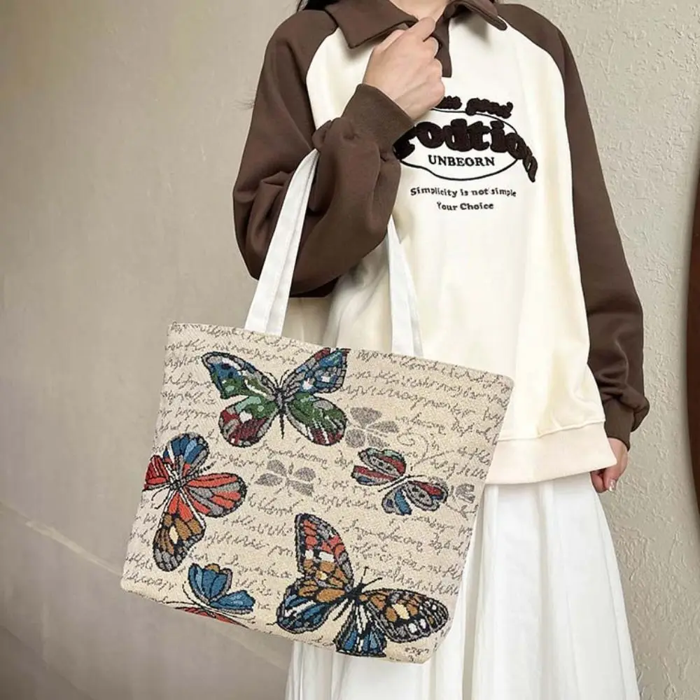 Flower Embroidery Ethnic Style Handbag Butterfly Dog Cartoon Animal Shoulder Bag Large Capacity Korean Style Canvas Cat Tote Bag