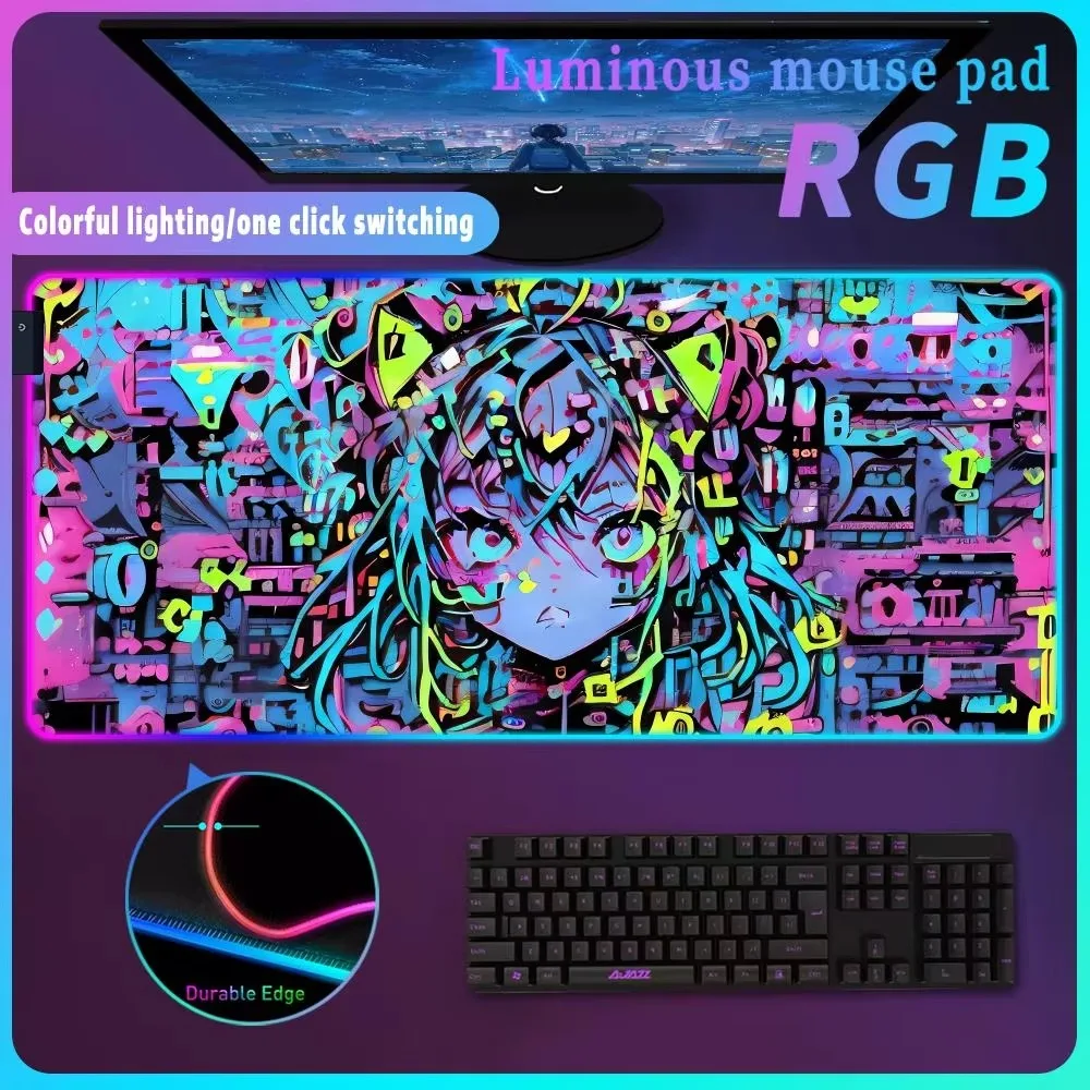 RGB Mouse Pad Anime Girl Wallpaper Computer Mat Escritorio Accesorios Desk Gadgets 1000X500mm Luminous Desk Mat Extender Pad