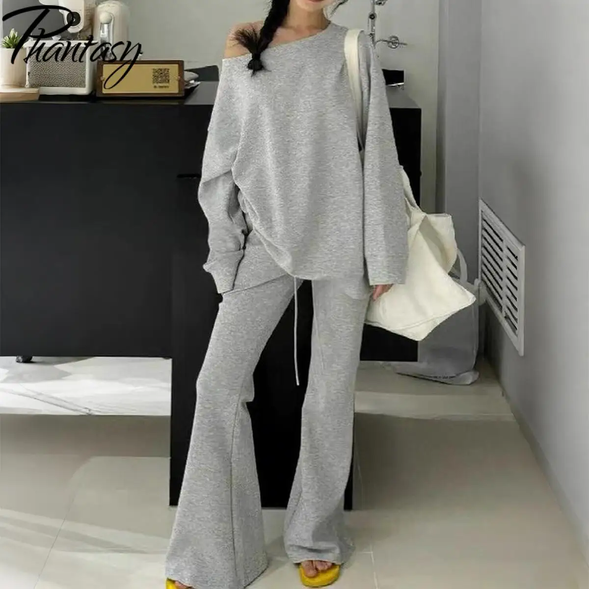 Fantasma y2k outono estilo esportivo conjunto de 2 peças gola inclinada cor sólida solta topo moda esportes alargamento perna calças conjunto roupa feminina