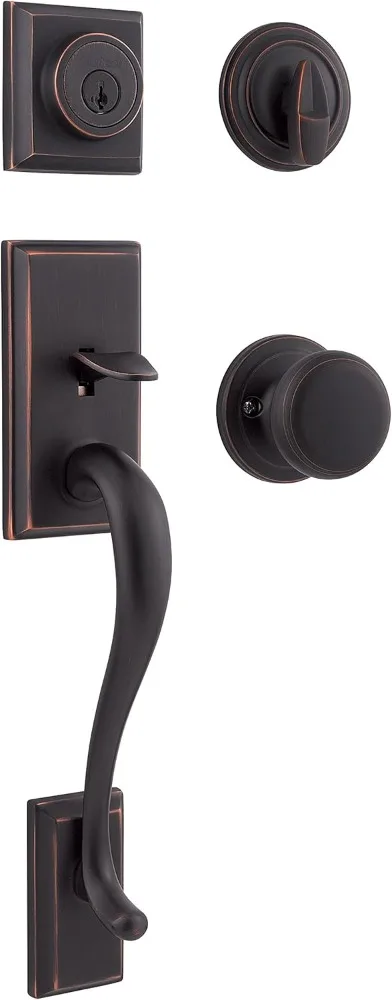 Kwikset Hawthorne Front Door Lock Handle and Deadbolt Set, Entry Handleset Exterior with Interior Door Knob, Venetian Bronze,