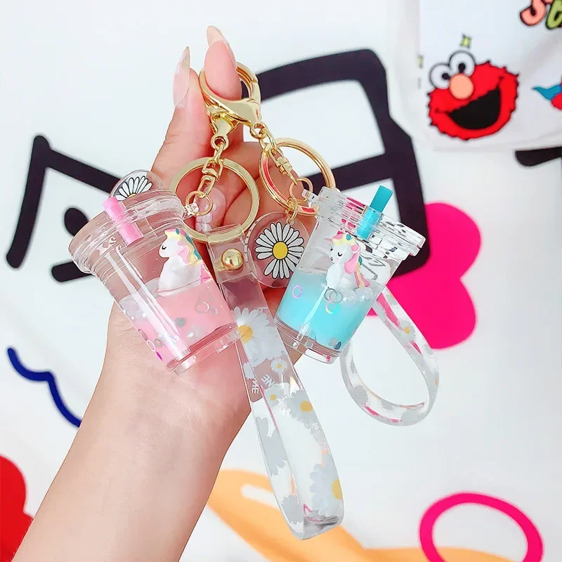 Cute Oily Pearl Milk Tea Bear Floating Liquid Keychain Bag Pendant Cartoon Cup Drink Bottle Keychain Girl Key chain Gift