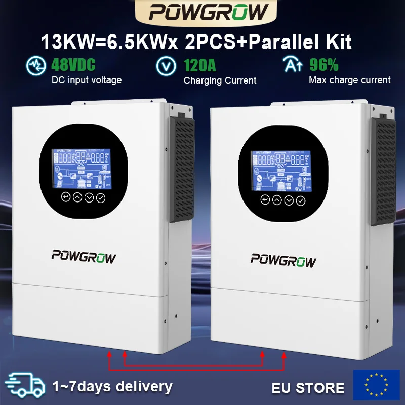 POWGROW 19.5KW Hybride Solar-omvormer 3-fasig 48V Zuivere Sinusgolf Off-Grid Parallel-omvormer 120A MPPT Solar-controller WiFi-module inbegrepen