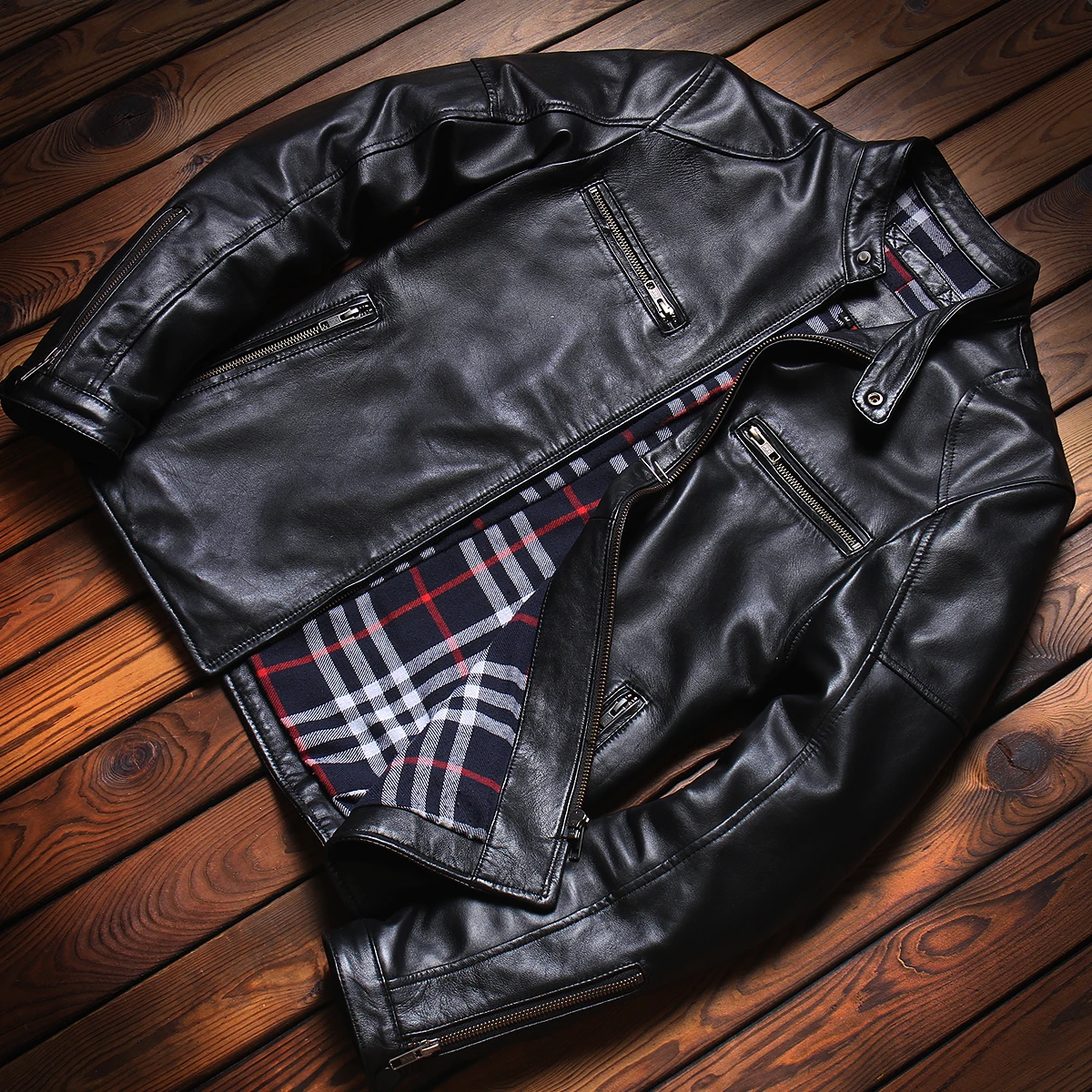 

New Premium eepskin Men's Leather Jaet Thin Genuine Leather Biker Clothes Stand Collar Slim Spring Autumn Outerwear