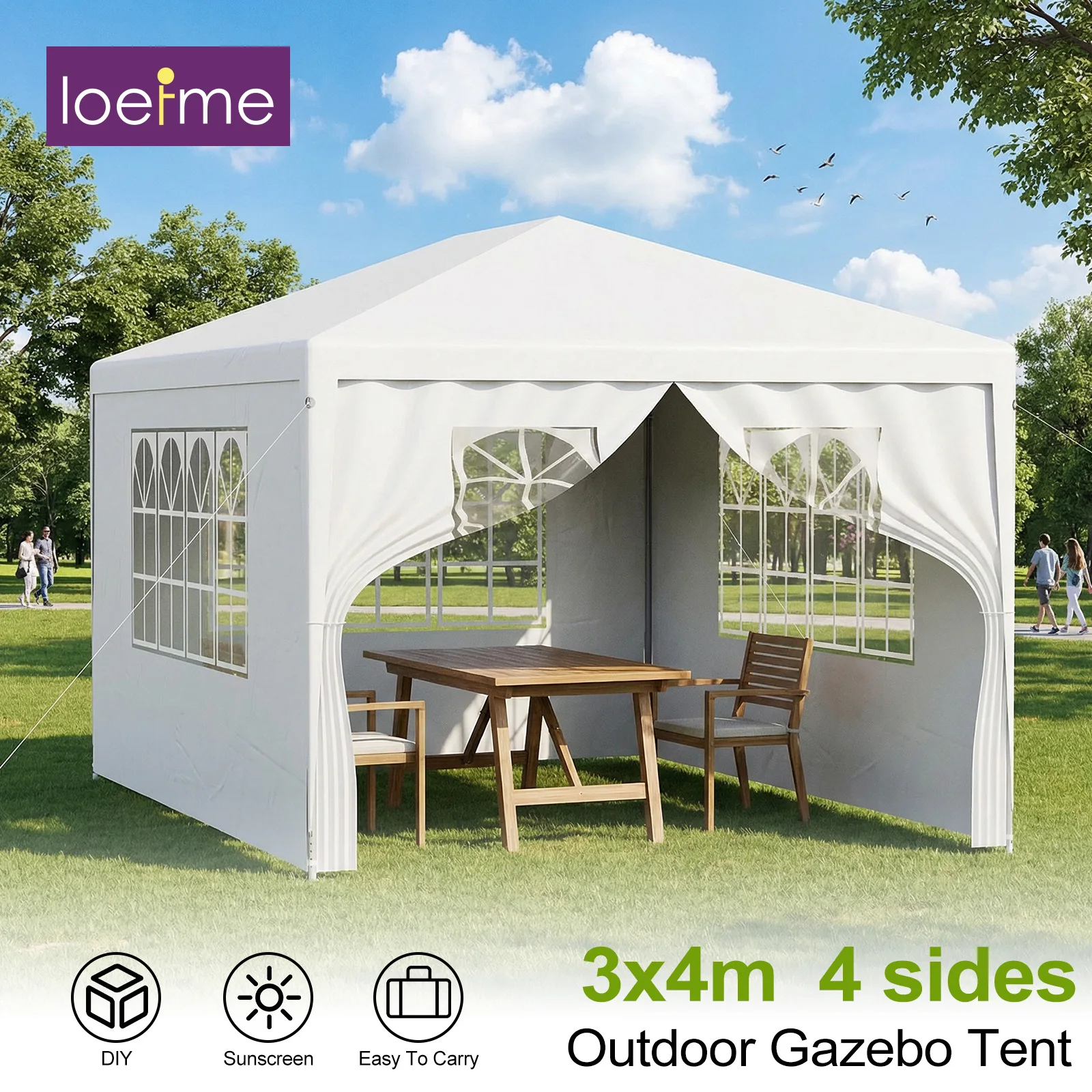 LOEFME Outdoor-Pavillon 3x4m, Markisenzelt 3x3m, Campingzelt für 6-8 Personen, wasserdicht, winddicht, UV-Sonnenschutz mit abnehmbaren Seitenwänden