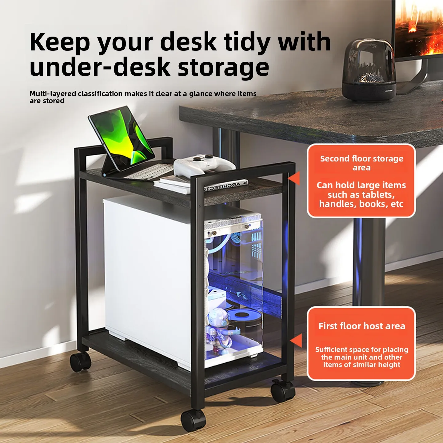 Rolling Computer Tower Stand Heavy Duty CPU Cart with Thick Carbon Steel Legs Rust Resistant Frame for Gaming Room or Garage