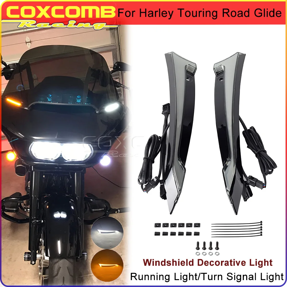 For Harley Touring Road Glide Motorcycle Decorative Windshield Trim Amber Turn Signal Lights LED Run Lamp Tracer Fairing 2015-UP