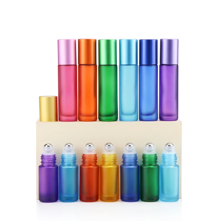 100pcs Wholesale empty essential oil perfume 10ml frosted clear green purple blue glass roll on bottle with metal roller ball