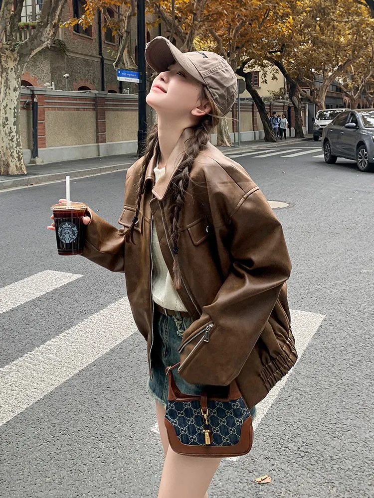 Jaet in pelle PU marrone caffè allentato casual da donna 2025 Primavera Autunno Nuovo Hong Kong Sle Retro High-End Sense Moto Ja...