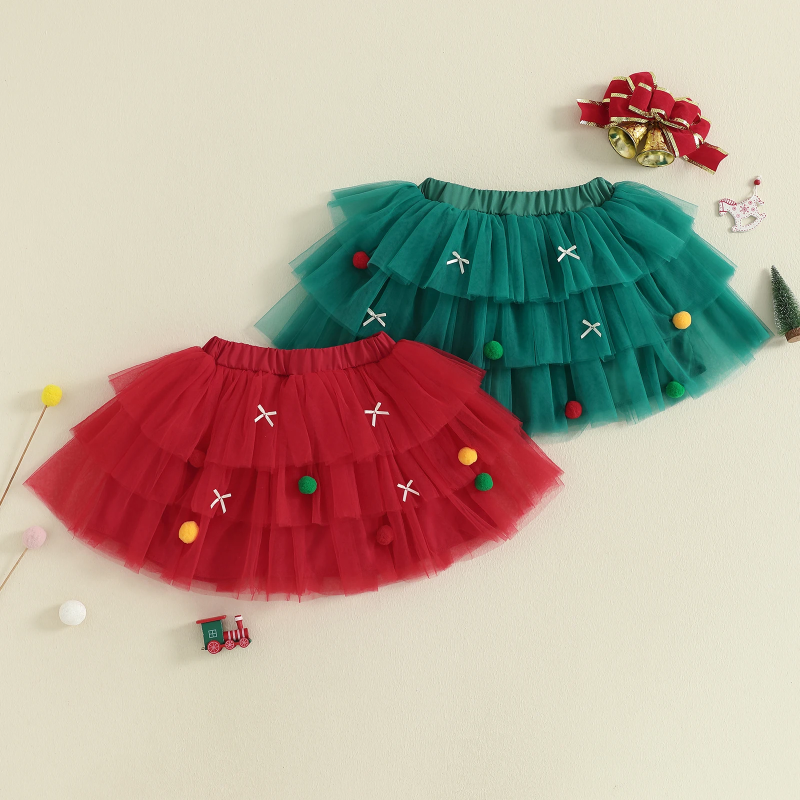 Toddler Girl Tulle Skirt Colorful Plush Ball and Bow Decorated Tiered Lace Mesh A Line Skirt for Christmas Party