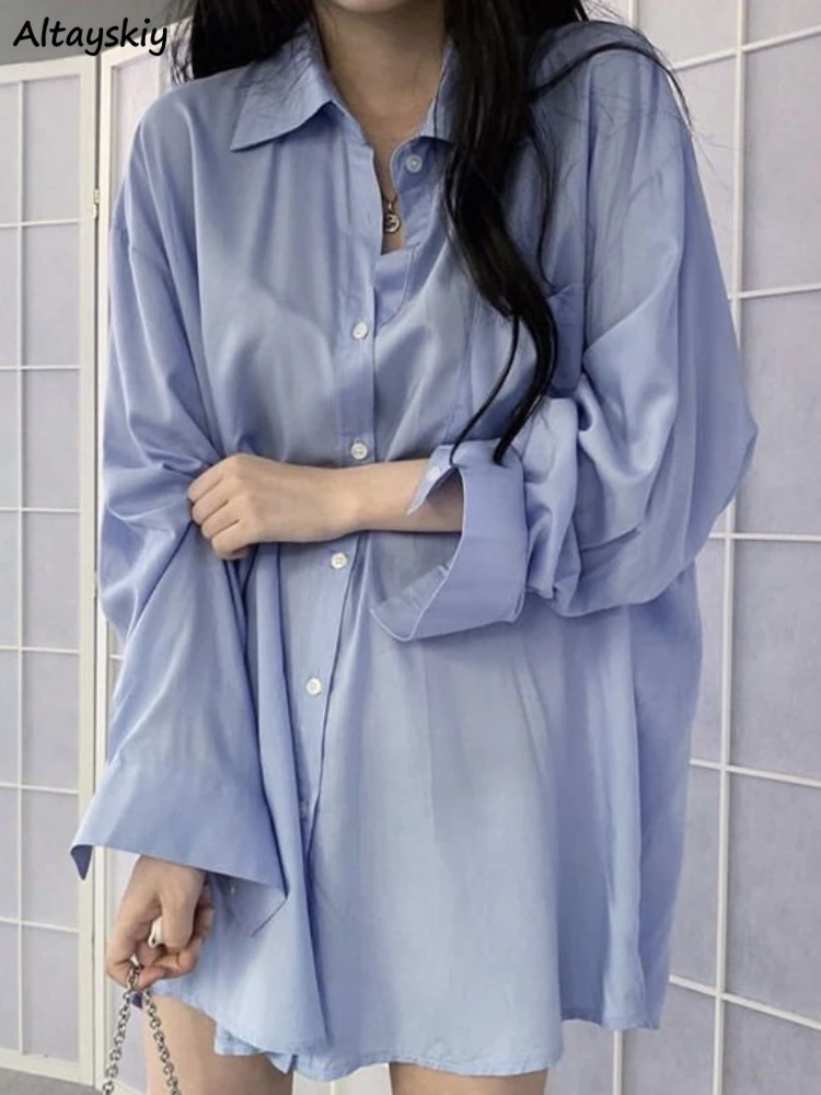 

Solid Shirts Women Loose Elegant Long Sleeve Minimalist Spring Thin Slouchy Korean Style All-match Design Leisure Ladies Daily