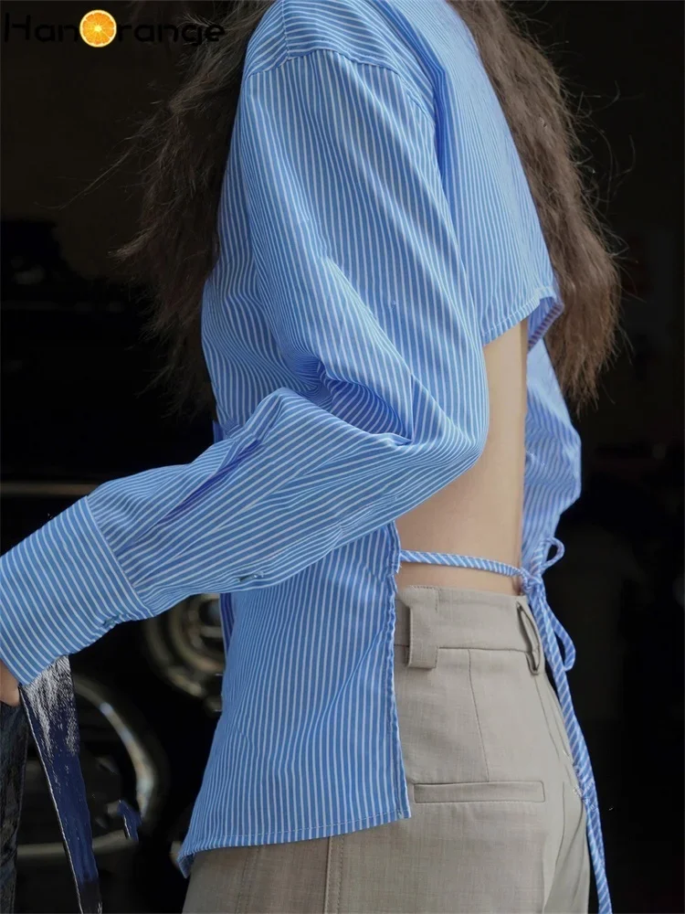 HanOrange 2025 Spring Back Hollowed Out Striped Shirt Women Sexy Silhouette Top Blue/Purple