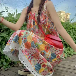 2024 Summer Spaghetti Straps Floral Patchwork Dress Mori Girl Holiday Boho Long Dresses Lace Edge Big Hem Vacation Sundress