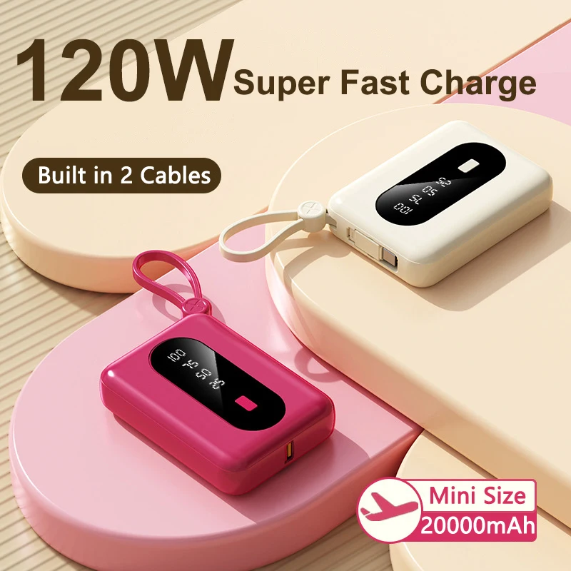 

PD 120W Fast Charging for Huawei Xiaomi Mini Power Bank 20000mAh with Cable Portable External Battery Charger For iPhone Samsung