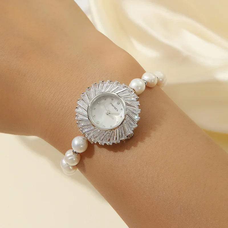 

Luxury Women Pearl Watch Cubic Zirconia Elements Crystal Bracelet Watch for Wedding Party Evening Wear Bride Watch Jewelry Gift