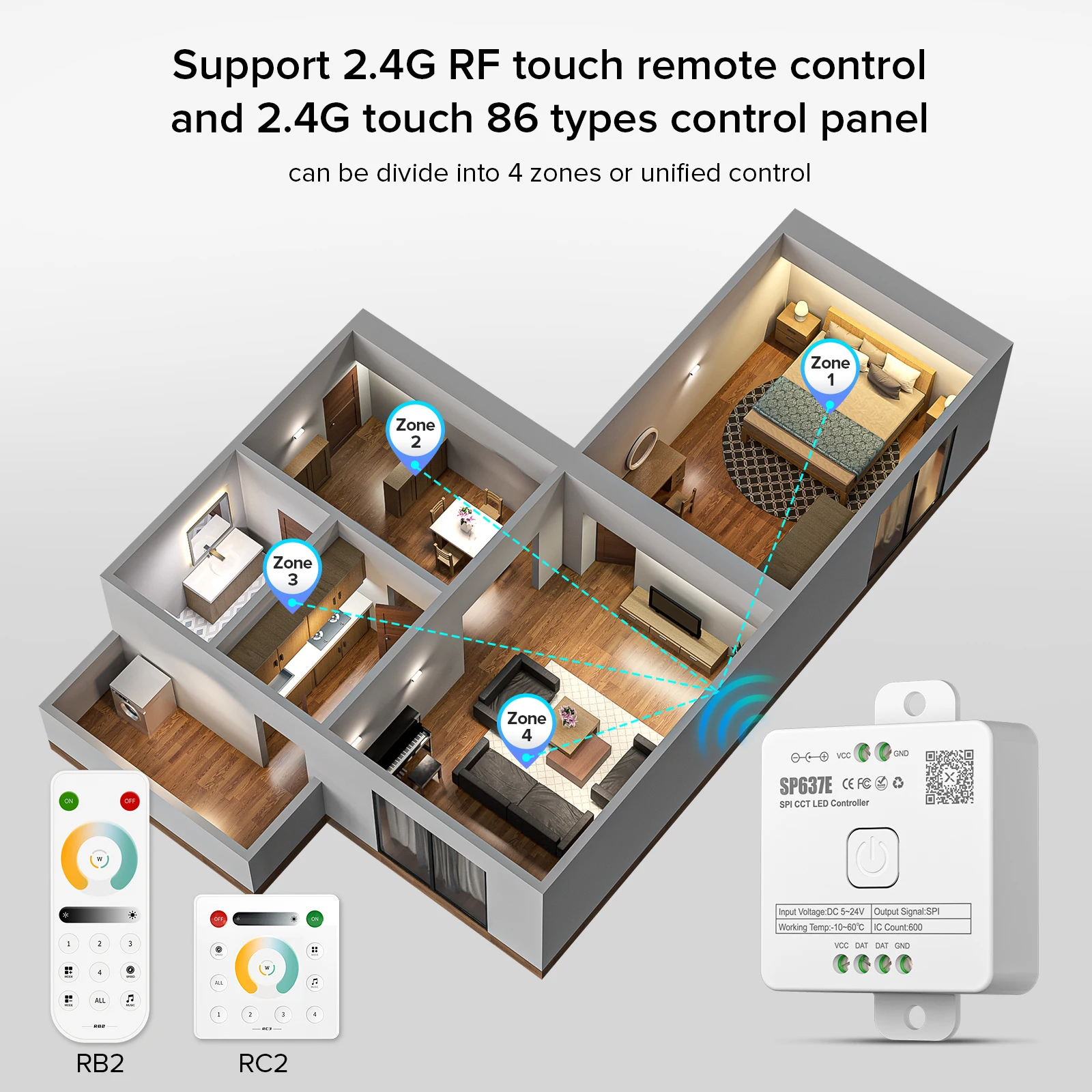 Imagem -03 - Spi Fcob Led Controlador Sp636e-sp639e Pixels Ws2812b Rgb Sk6812 Ws2814 Rgbw Luz Tira Bluetooth Música Ios Android 2.4g 5v24v