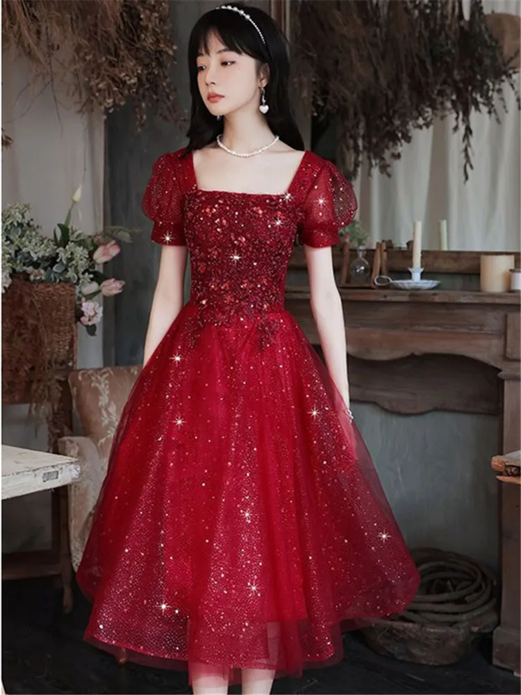 Elegant Wine Red Dress for Women, Monochrome, Sequin Applique, Square Collar, Mid-length, A-line Skirt, Fashion Evening Gown 083