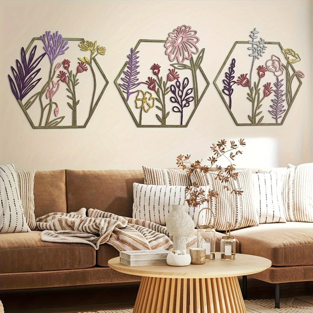 3PC Blumen-Wandskulptur aus Metall | Buntes, minimalistisches Blumenmuster, Halloween- und Weihnachtsgeschenk, Wohnzimmer-/Badezimmerdekoration