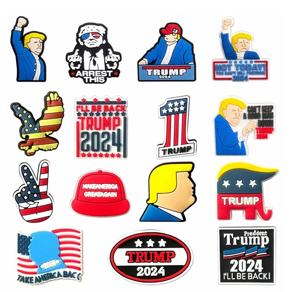 15pcs New Trump Cartoon Shoes Accessories Fit sandals Clog Backapck Wristbands Shoes decorate Christmas charm Parties Kids Gift