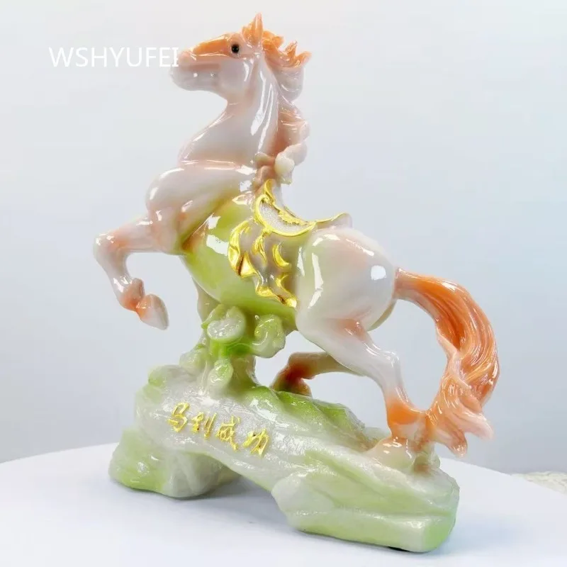 Feng Shui Horse Statue Ma Dao Cheng Gong Imitation Jade Resin Horse Figurine Chinese Lucky Wealth Ornament Home Office Decor