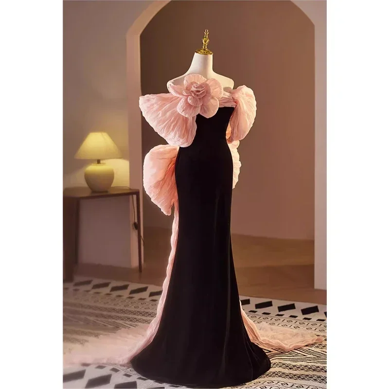 Evening Dresses Customization Black Velvet Off the Shouler Pink Floral Marmaid Floor-length Plus size Women Party Formal Gowns