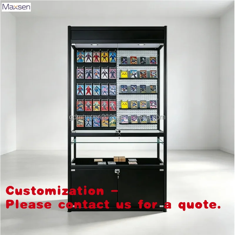 custom.Maxsen High Quality Tall Glass Trading Card Display Cabinet LED Strip Lights Lockable Design Custom/Black Backless