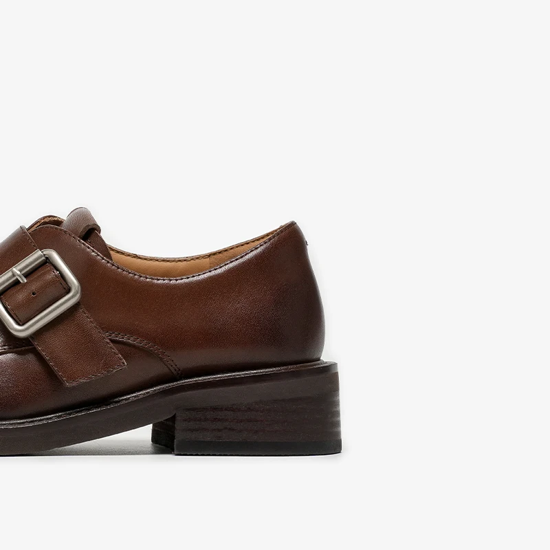 BeauToday Leather Monk Shoes Women Calfskin Buckle Strap Round Toe Sewing Design Casual Ladies Flats Handmade 27940