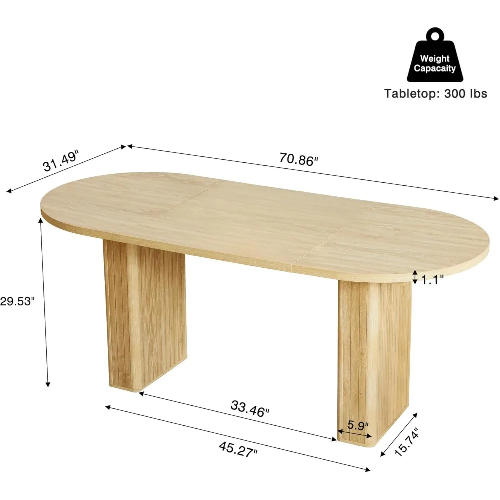 Mesa de jantar oval com base de madeira, grande sala de jantar redonda, fazenda moderna, 6-8 pessoas, 70,8