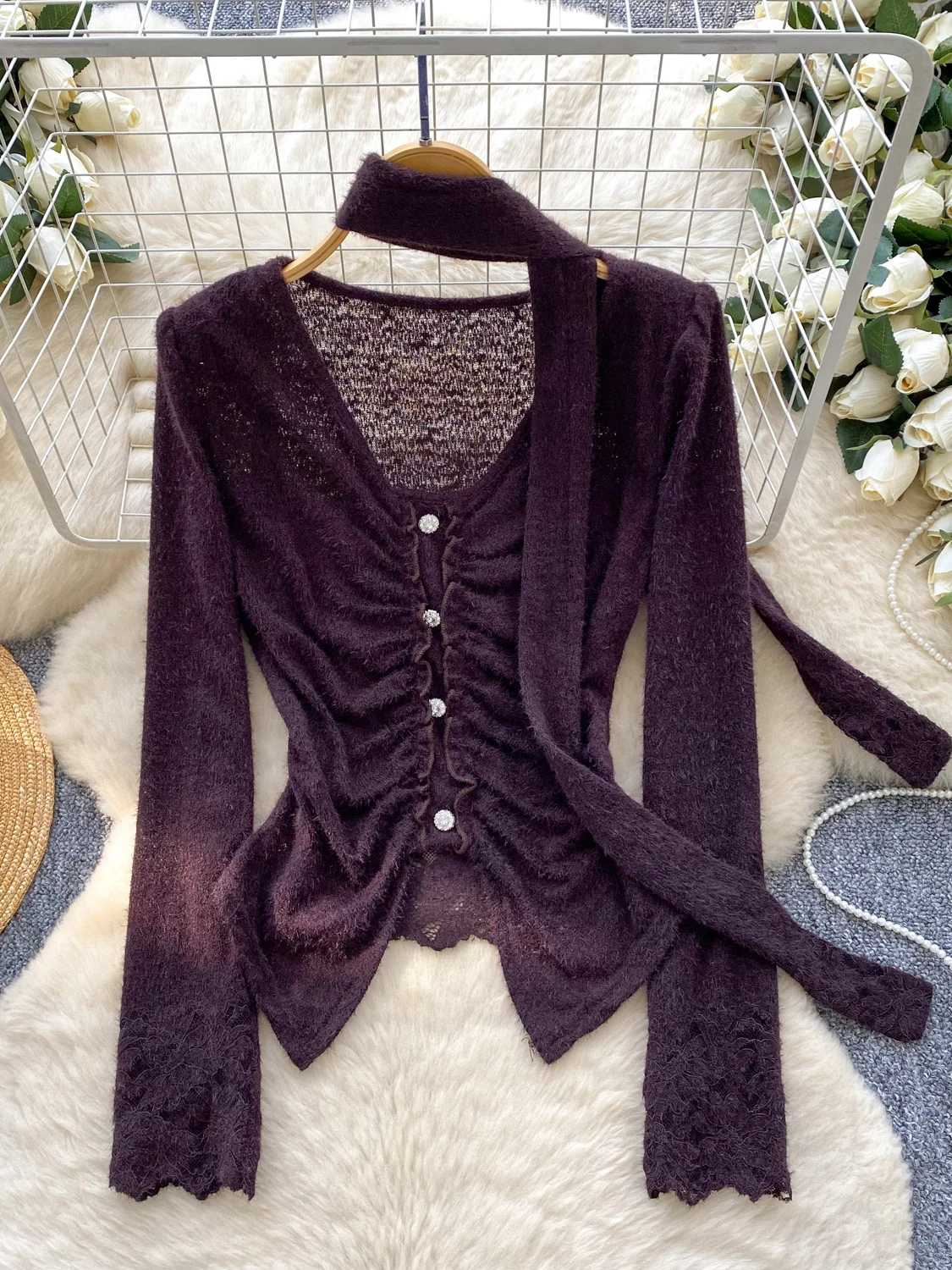 

Women's Purple Shirts Blouses Y2k Vintage 2000s Elegant Aesthetic Lace Patchwork Long Sleeve Shirt Fashion Clothes Autumn Spring