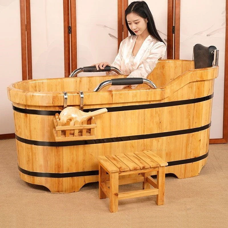 Portable Bathtubs Wooden Barrel Sweat Steaming with Cover Home Full Body Adult Bath Barrel Adult Home Beauty Salon Bath Tub Tub