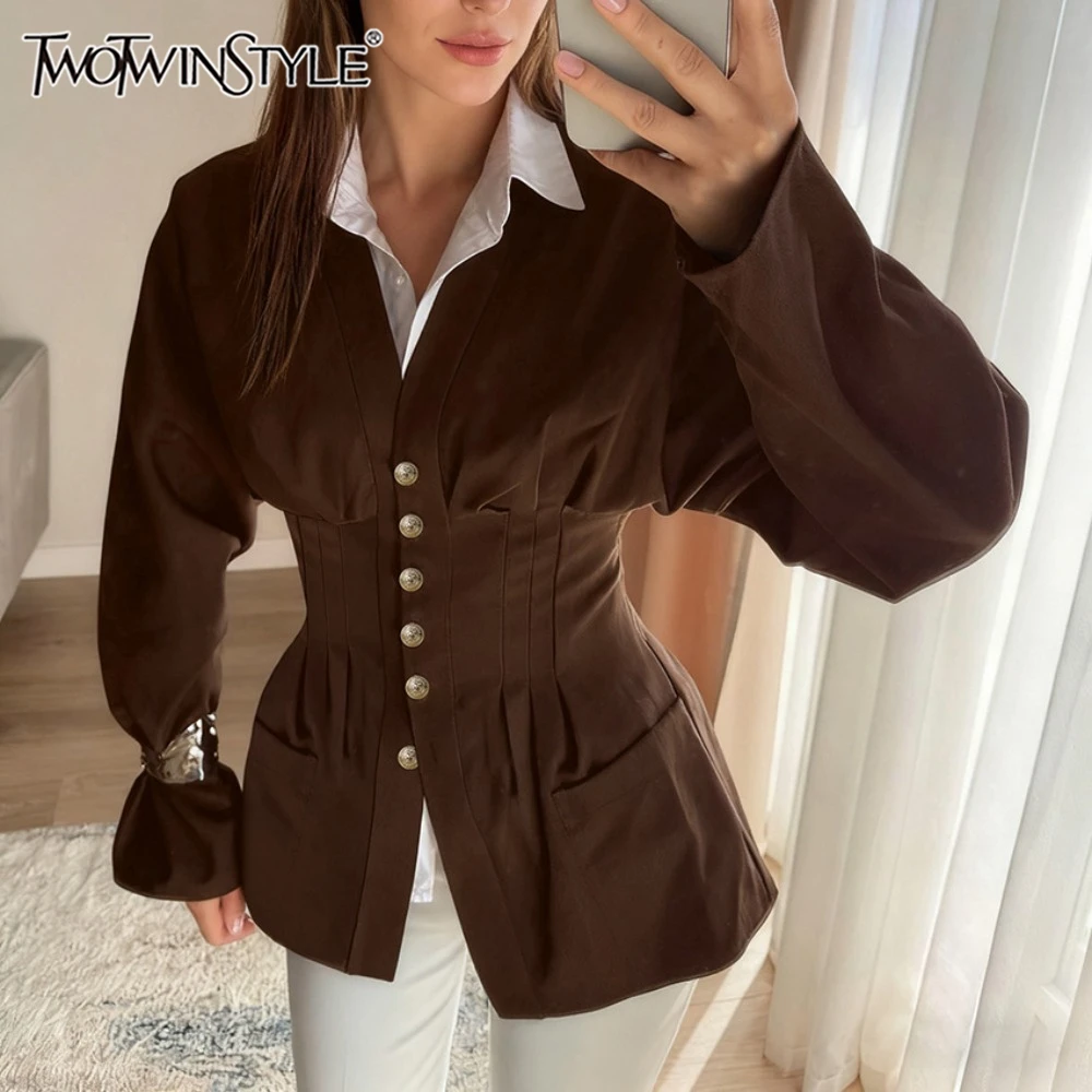 

TWOTWINSTYLE Элегантный осенний кардиган в стиле ретро для женщин, однобортная туника с v-образным вырезом и длинными рукавами, дизайнерское пальто, женское новое