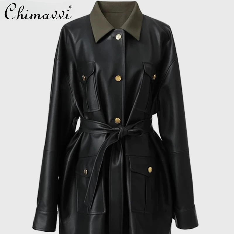 

2024 Winter New American Retro Waist Thin Jacket Black Leather Jacket Medium and Single Breasted Buckle Long Coat for Women