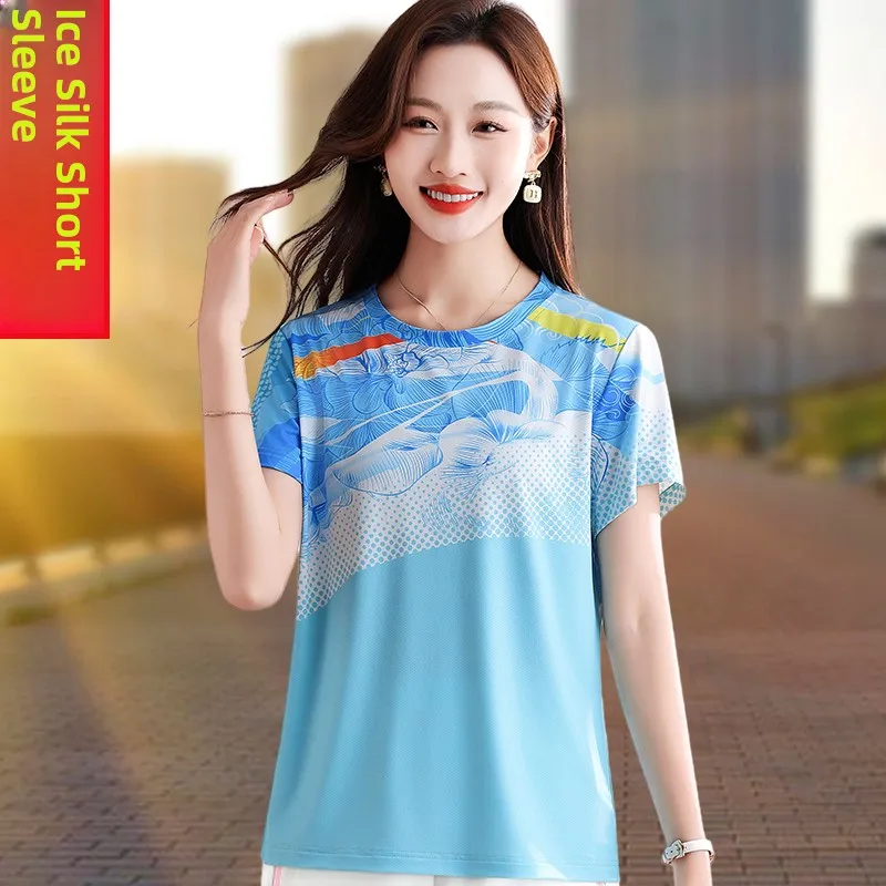 Nowa koszulka sportowa damska z jedwabiu lodowego na lato 2025, idealna do badmintona, tenisa, szybkoschnąca, modna.