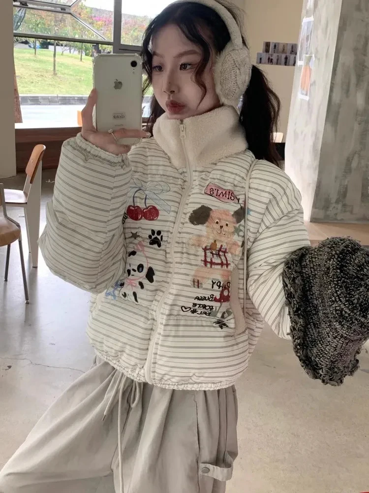 Parka con stampa cartoon preppy donna inverno vintage a righe Kawaii cappotti caldi gonfi colletto alla coreana retrò americano capispalla streetwear