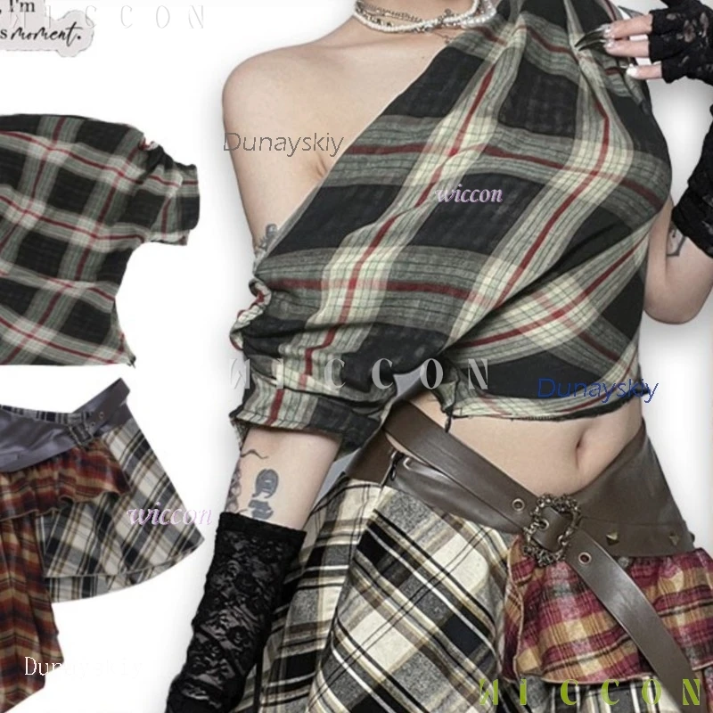 

New Gothic Style Irregular Plaid Skirt Street Punk Music Festival Wear Cosplay Full Costumes Sets Outfit For Anime Fans Perfect
