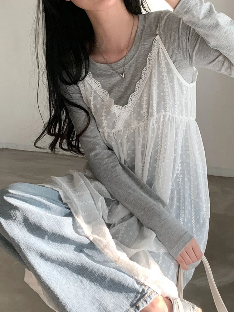 Spring Chic V-neck Lace Vest Dress Women's Fashion Layering Design Fairy Skirt Outer Short Skirt High Waist Bell Bottoms