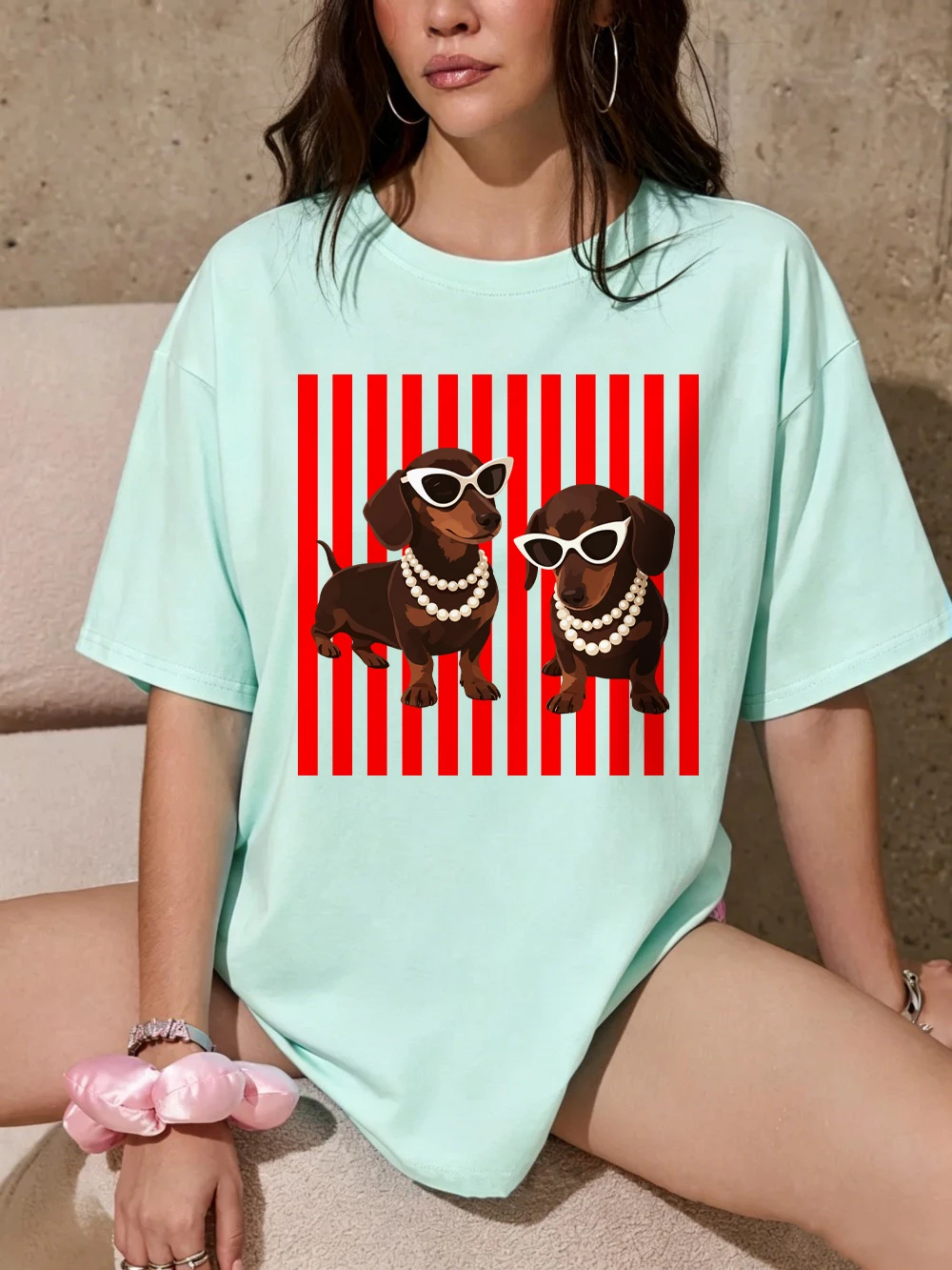 Pearl Dachshund Hundemotiv T-Shirts Baumwolle Damen Sommer Kurzarm T-Shirt Lässige Weiche Oversized Tops Basic O-Ausschnitt Kleidung – Detail 16