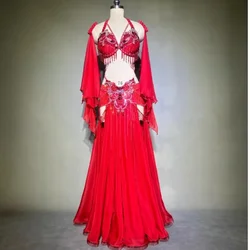 BellyDance Popsong Performance Costume Women Customization Luxury Diamond Bra+Sexy Split Chiffon LongSkirt Oriental Dance Outfit