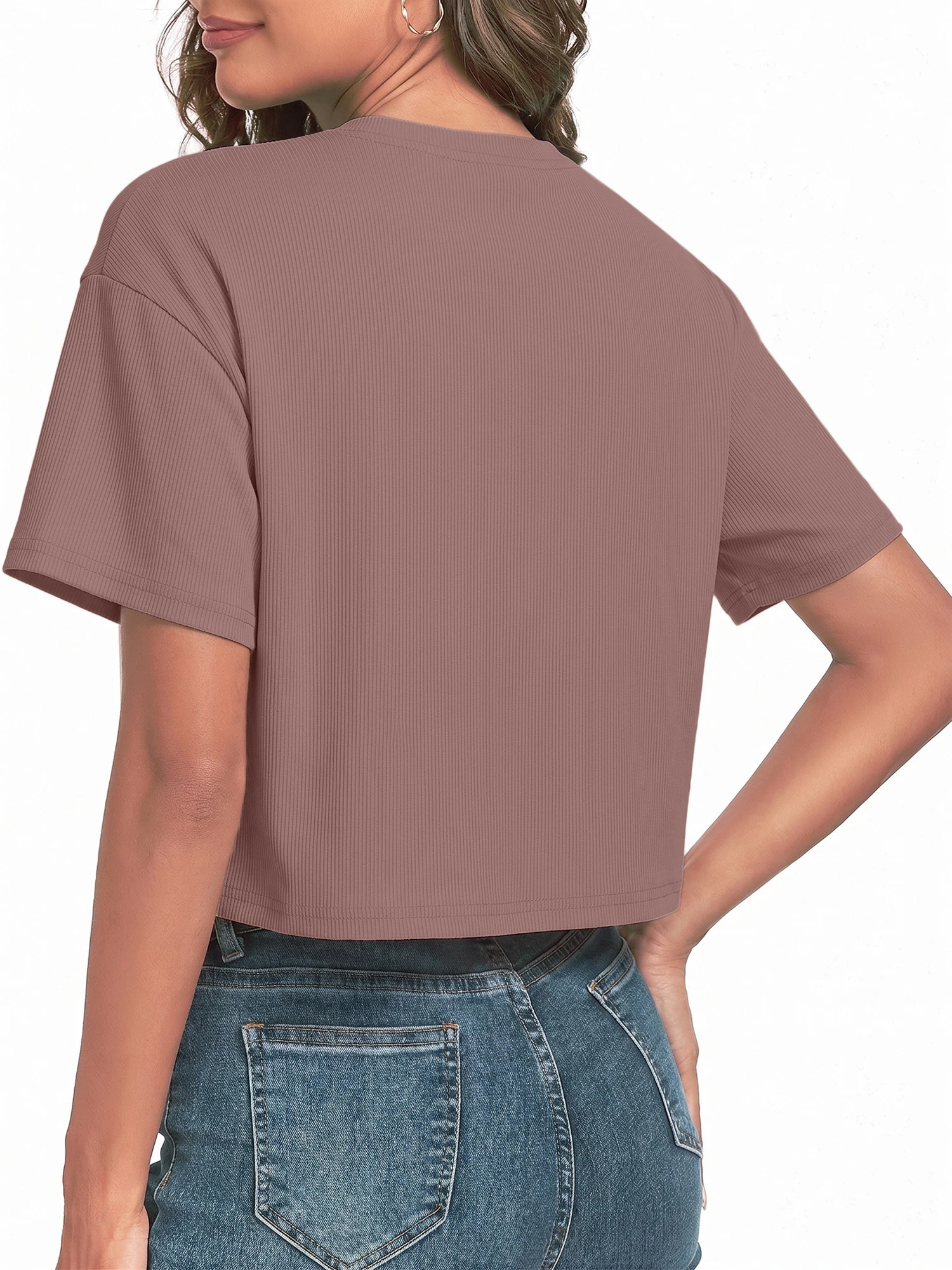 Ladies Y2K Cropped Ribbed T Shirt Drop Shoulder Short Sleeve Round Neck Solid Loose Waist Reveal Top