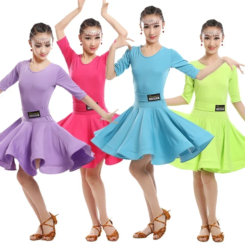 

Girls Green Blue Latin dancing dress Kids Ballroom Salsa Dance wear Outfits Children's Party Stage wear costumes long sleeve